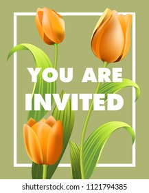 You are invited lettering with orange tulips on gray background. Handwritten text, calligraphy. Holiday concept. Can be used for invitation, flyer, brochure