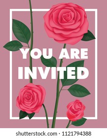 You are invited lettering with roses in frame on purple background. Handwritten text, calligraphy. Party concept. Can be used for invitation, flyer, brochure