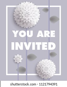 You are invited lettering with white dandelions in frame on gray background. Handwritten text, calligraphy. Party concept. Can be used for invitation, flyer, brochure