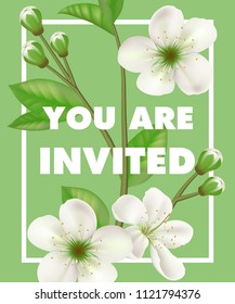 You are invited lettering with white flowers in frame on green background. Handwritten text, calligraphy. Party concept. Can be used for invitation, flyer, brochure