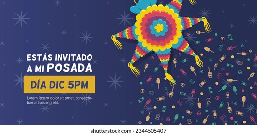 "You are invited to my posada" invitation to a posada party with a piñata and lots of sweets. Horizontal banner of Christmas celebrations in Mexico.