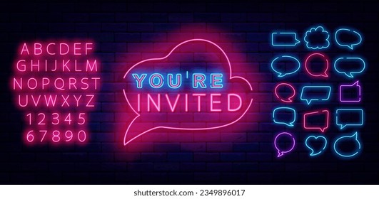You are invited neon label. Speech bubbles frames collection. Welcome sign. Simple signboard. Glowing advertising. Shiny pink alphabet. Party design. Handwritten text. Vector stock illustration