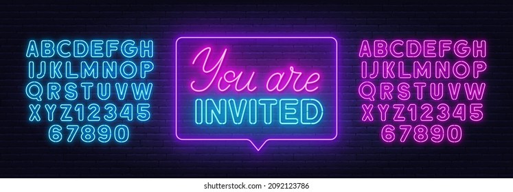 You are invited neon sign on brick wall background.