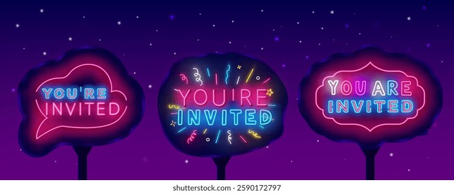 You are invited neon street billboards collection. Glowing outdoor advertisings. Vector stock illustration