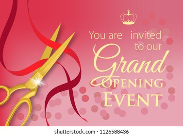 You are invited to our grand opening event lettering in yellow color. Red background with golden scissors cutting ribbons. Illustration can be used for invitation cards, layout, posters and leaflets
