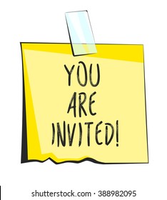 You are invited paper sticky note. Retro reminder sticker