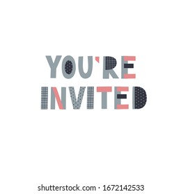 You are invited to party event geometric lettering postcard. Simple flat vector illustration cartoon style. Festive party invitation celebration hand drawn cute picture graphic design clip art element