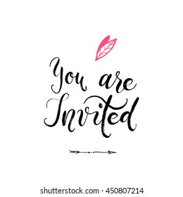 You are invited to the party, invitation card. Vector isolated hand drawn hand lettering with abstract background. Printable wedding template, modern brush pen calligraphy, cute words and phrases