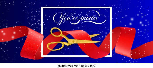 You are invited sparkling banner design with frame and gold scissors cutting red waved ribbon on blue background. Template can be used for signs, announcements, posters.