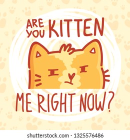 Are you KITTEN me right now? Fun Pun illustration with ginger cat character with lettering text. Wordplay picture as card, poster, banner, for web and print on cute background with paws
