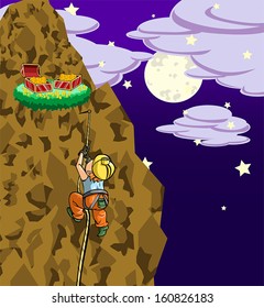 If you know that you'er on the right track, keep going! A man is climbing steep cliff to reach the treasure, create by vector