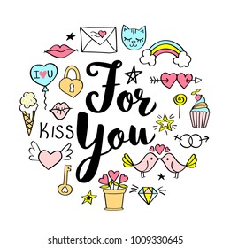For You lettering with girly doodles  for valentines day card design, girl's t-shirt print, posters. Hand drawn fancy slogan in cartoon style.