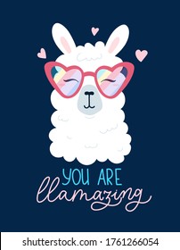 You are llamazing adorable card with alpaca and lettering. Cute llama wearing heart shaped sunglasses on blue background. Print, poster, card or banner template. Vector illustration