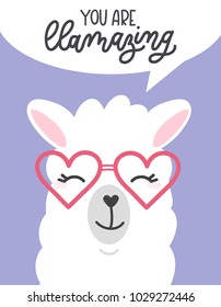 You are llamazing llama quote. Llama motivational and inspirational vector poster. Simple cute white llama drawing with lettering. You are amazing quote with llama.