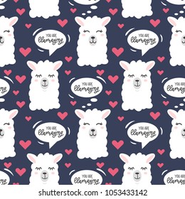 You are llamazing llama seamless pattern with hearts.  Cute  llama head drawings with lettering and different emotions. hand drawn vector pattern with alpaca for cards, t-shirts, cases, textile. 