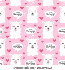 You are llamazing llama seamless pattern with hearts.  Cute  llama head drawings with lettering and different emotions. hand drawn vector pattern with alpaca for cards, t-shirts, cases, textile. 