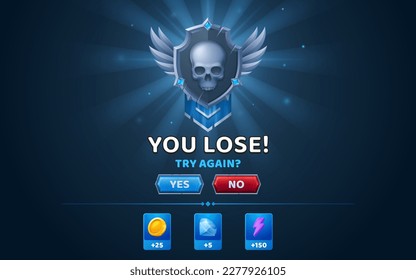 You lose computer game screen. Vector cartoon illustration of defeat gui design, medieval army shield decorated with human skull, metal wings and gem stones, try again option buttons, score icons