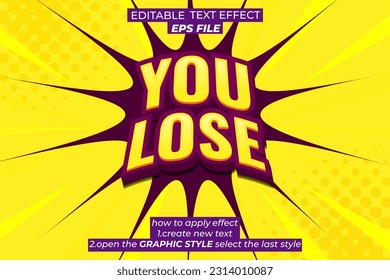you lose text effect, font editable, typography, 3d text. vector template