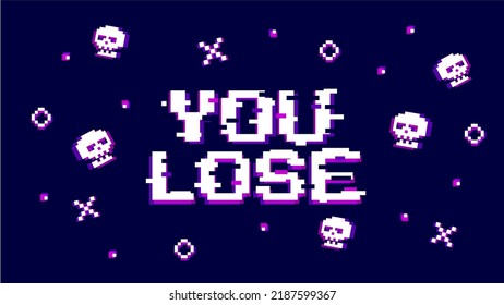 You Lose vector illustration. Rich violet background with text you lose, icons and scull in glich error style. Template banner for website, poster or stream. 