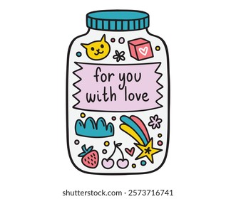 for you with love greeting card concept. jar filled with love, stars, kids elements. Cartoon doodle celebrating love and friendship. Vector illustration