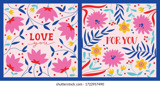 For You and Love Youtrendy cards demplates. Flat cartoon vector illustrations. Botanical elements with lettering in modern colors.