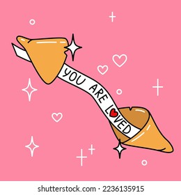 You are loved. Cute fortune cookie Valentine's Day card. Hand drawn vector illustration in cartoon style.