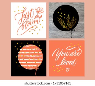Eres amado. Sólo florece. Juego de cartas de moda dibujado a mano con letras a mano y floreciente. Textura dorada. Ilustraciones para tarjetas de felicitación, afiche, cojín, camisetas, bolsas. Juego de tarjetas de felicitación. 