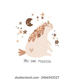 You are magical. Cartoon unicorn, hand drawing lettering, decor elements. Colorful vector illustration for kids, flat style. baby design for card, print, poster, cover