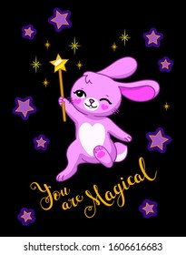 You are magical text. Cartoon rabbit are jumping with magic wand on black background. Vector illustration