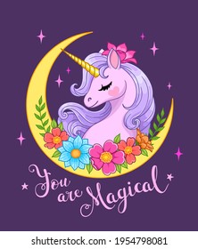 You are magical text. Crescent moon with unicorn head and flowers. Vector illustration