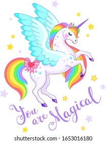 You are Magical text. Vector cartoon illustration of cute pegasus with ranbow mane