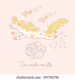 You make me fly. Little pony and funny birds are flying in the sky above the cloud. Cute character and elements for kids design. Perfect for valentines, greeting cards, posters, textile prints. 