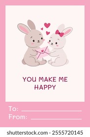 You make me happy. Pink valentine, to from, valentine's day greeting card with romantic elements, animal characters, bunnies, rabbits and love letter. Vector illustration. 