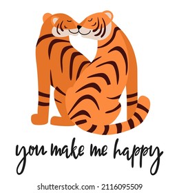 You make me happy quote. Cute tigers in love. Couple of kissing romantic animals. Happy Valentine's day postcard. Hand drawn symbol of love, dating. Vector illustration in flat cartoon style.