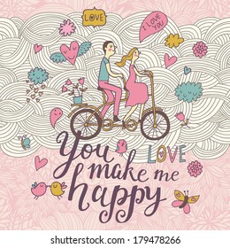 You make me happy. Romantic concept background in cute colors. Couple in love on tandem bicycle inside gentle symbols in vector