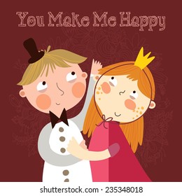 You make me happy. Romantic concept background with cute boy and girl in bright colors. 