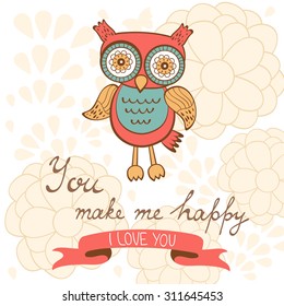 You make me happy romantic card with birds and flowers. vector illustration