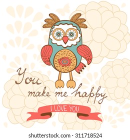 You make me happy romantic card with birds and flowers. vector illustration