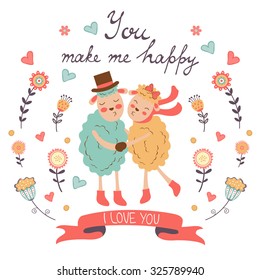 You make me happy romantic card with cute sheeps couple. vector illustration