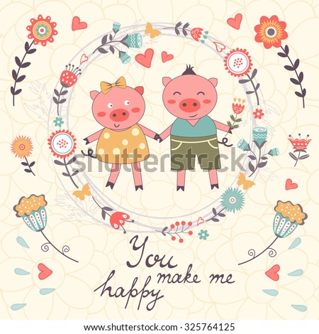 You Make Me Happy Romantic Card With Cute Pigs Couple Vector Illustration You Make Me Happy Romantic Card With Cute Pigs Couple Vector Illustration