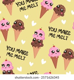 You make me melt typography with  ice cream seamless pattern. Yellow background with ice cream cartoons.