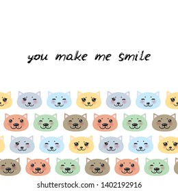 You make me smile. funny Kawaii cat face with pink cheeks, pastel colors white blue pink lilac background. Can be used for greeting card design, frame for your text. Vector