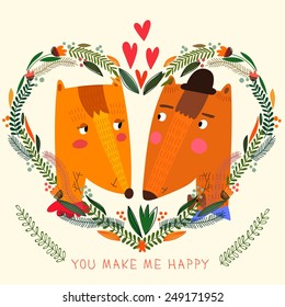 You Make My Happy card in bright colors. Cute couple of  fox  with flowers in cartoon style. Romantic Valentines day background in vector