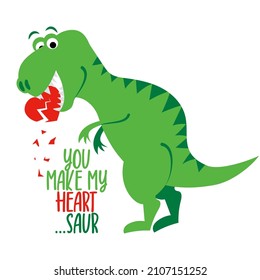 You make my heart saur - funny hand drawn doodle, cartoon dino. Good for Poster or t-shirt textile graphic design. Vector hand drawn illustration. Happy Valentine's Day! svg