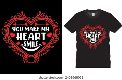 You make my heart smile, valentine's day t shirt design vector template. Valentine day typography t-shirt design. Unique and Eye-catching t shirt design ready for print, poster, banner, card, pod