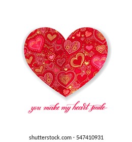 you make my heart smile calligraphy design with red paper heart shape hand drawing background to valentines day, vector illustration 