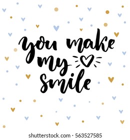 You Make My Heart Smile. Inspirational Saying For Valentine's Day Card. Typography On Delicate Background With Blue And Golden Hearts