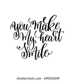 you make my heart smile hand lettering romantic quote to valentines day or wedding design, photography family overlay, love letters poster design element, calligraphy vector illustration