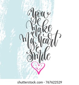 you make my heart smile - hand lettering poster on blue brush stroke pattern, greeting card to valentines day - love quotes, calligraphy vector illustration