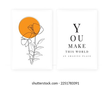 You make this world an amazing place, vector. Minimalist poster design in two pieces. Wall art, artwork. Flower mimimalist illustration on sunset.